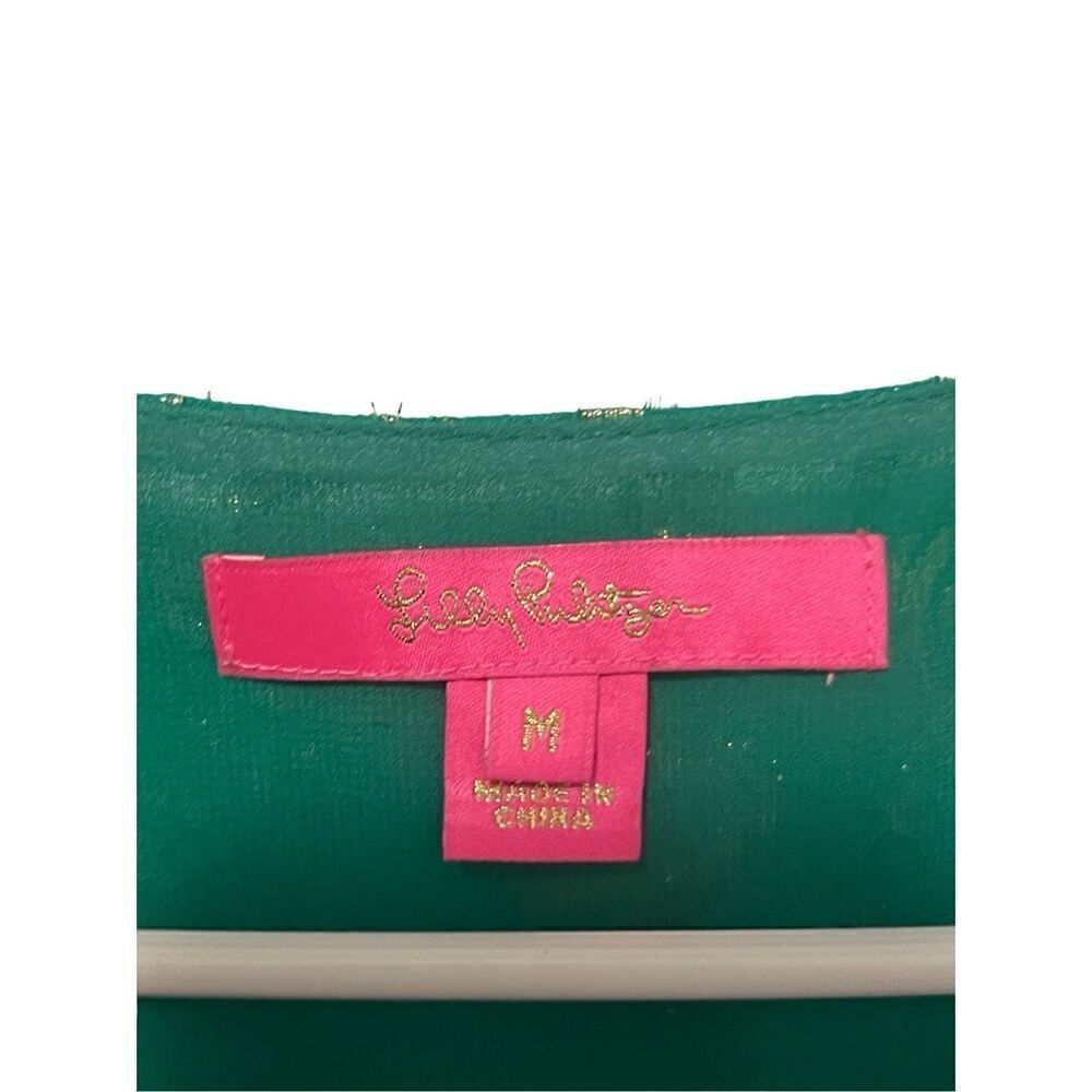 Lilly Pulitzer Miriam Silk Blouse Salty Waves Emerald Green Gold Metallic Size M - Picture 3 of 7